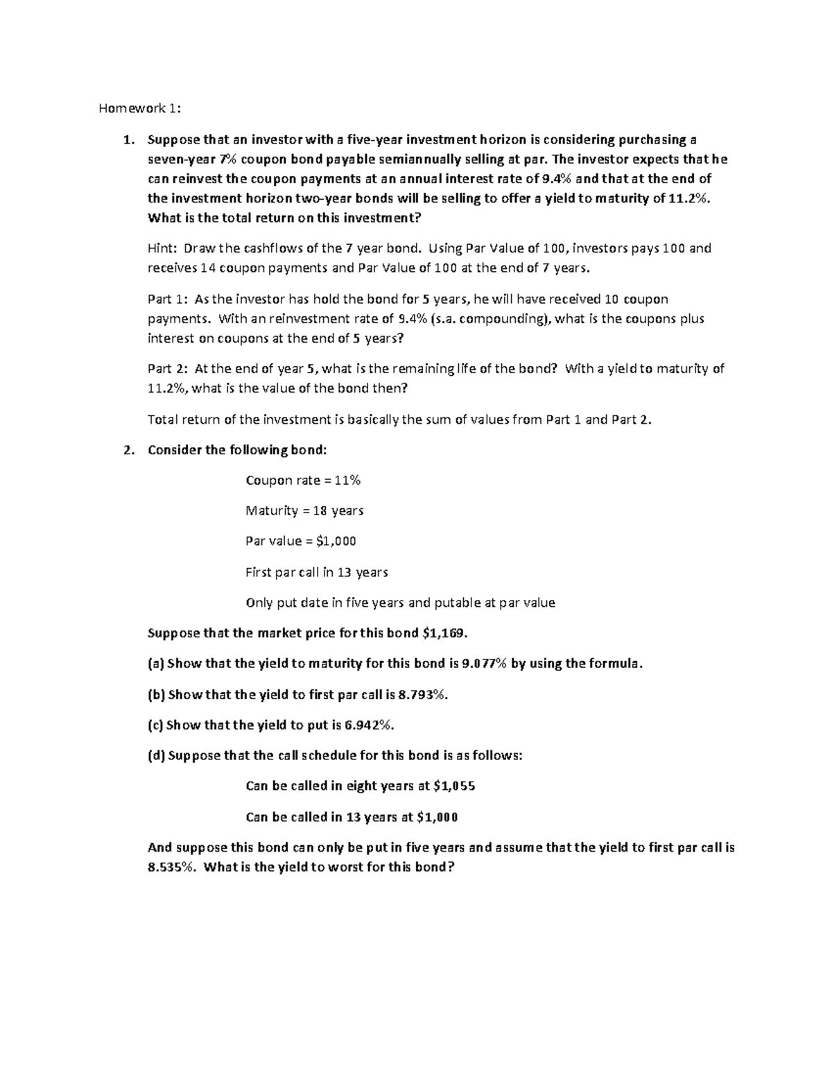 Homework 1 - Hw1 - Homework 1: Suppose That An Investor With A Five ...