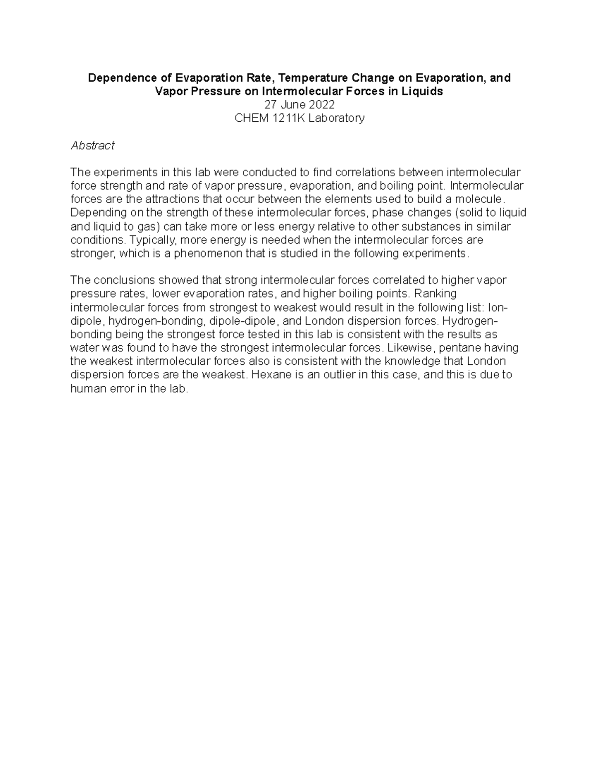 Abbreviated Lab Report Intermolecular Forces 1211K Evans Fall