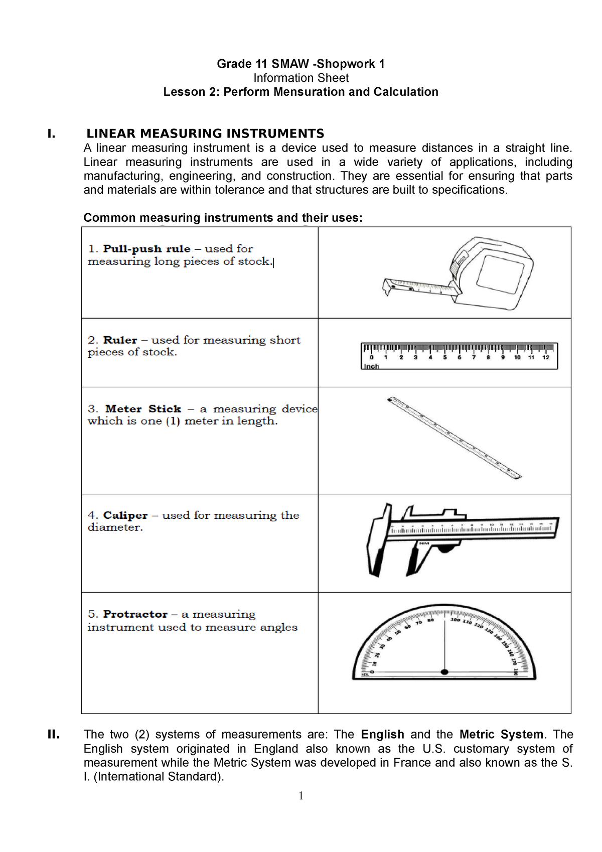 Perform Mensuration And Calculation - LINEAR MEASURING INSTRUMENTS A ...