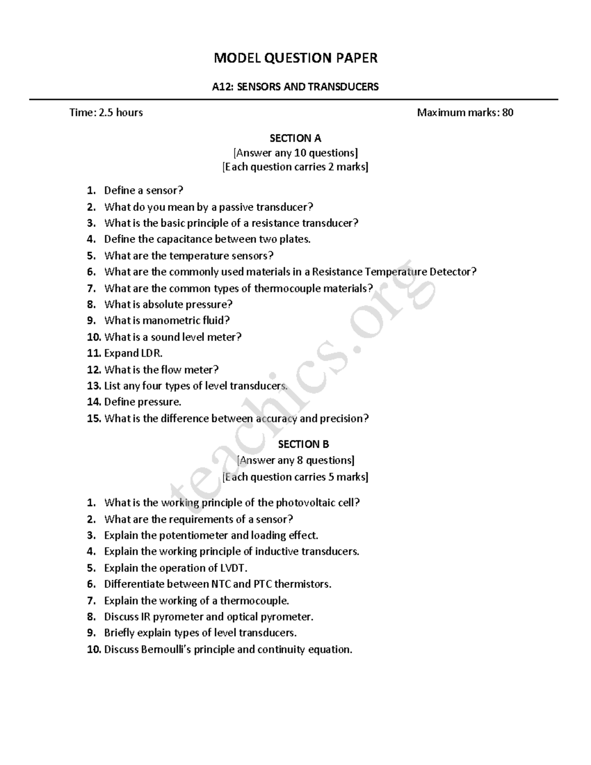 A12 Model Question Paper Sensors AND Transducers MODEL QUESTION PAPER