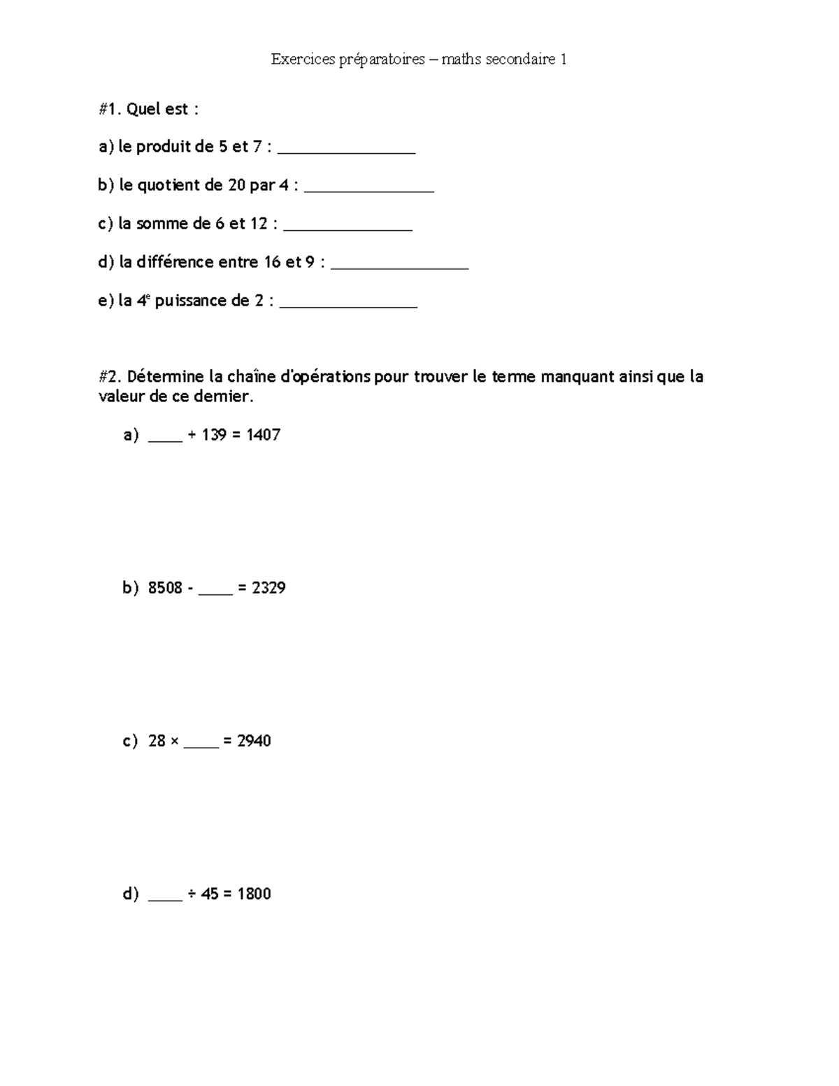 Maths sec 1 - lecture - Exercices préparatoires – maths secondaire 1 #1 ...