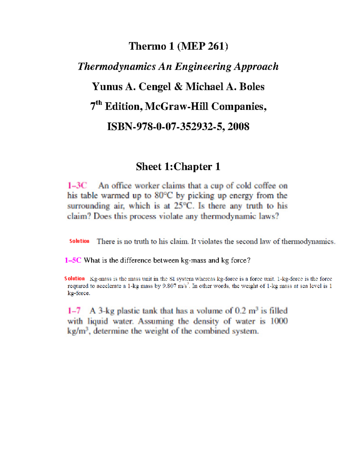 Sheet 1 solution - Thermodynamics engineering Approch sol 1 - Hardware ...