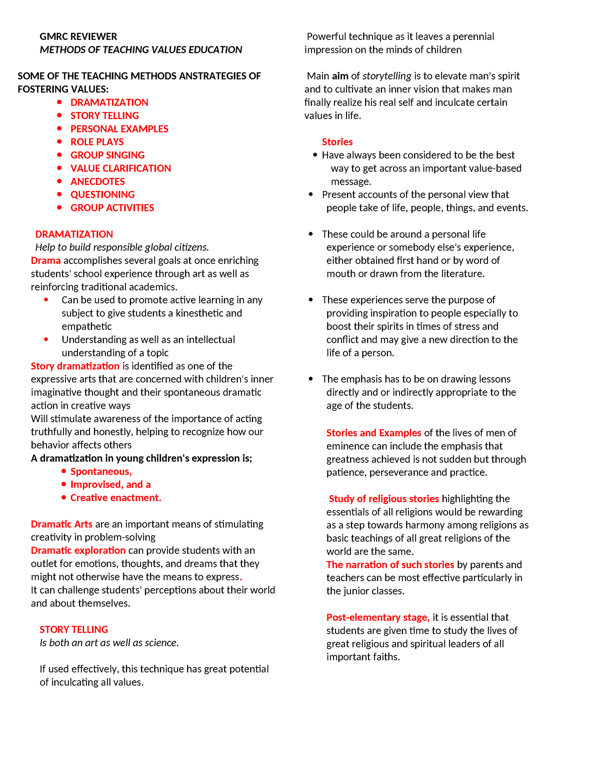 GMRC- Reviewer - GMRC REVIEWER METHODS OF TEACHING VALUES EDUCATION ...