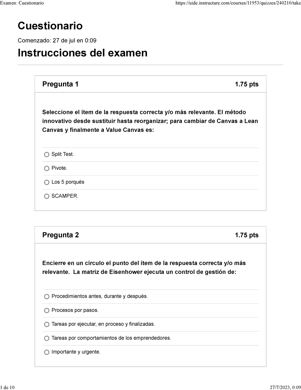 Gab Cuestionario Cuestionario Comenzado De Jul En Instrucciones Del Examen Pregunta