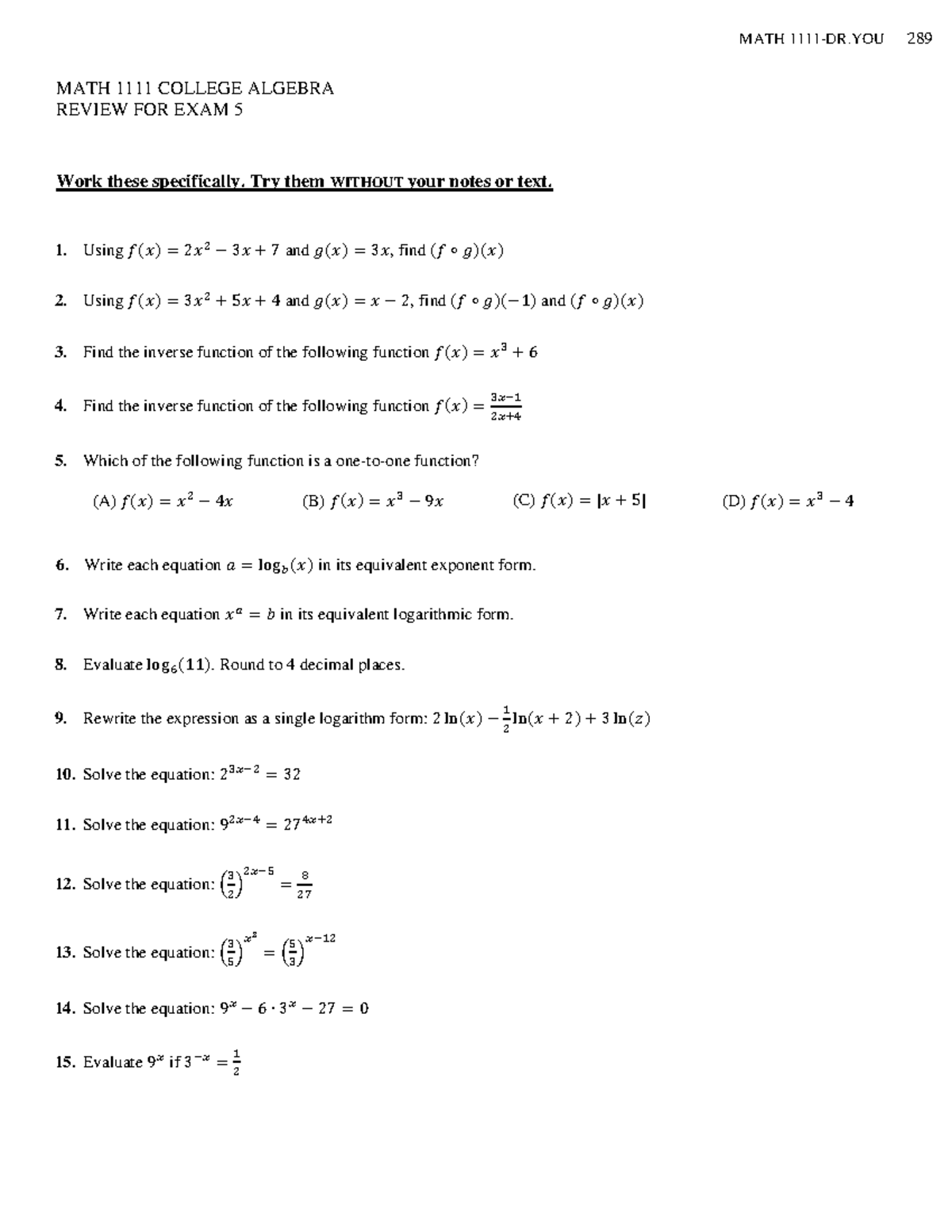 Practice Test 5 - questions and answers - MATH 1111 COLLEGE ALGEBRA ...