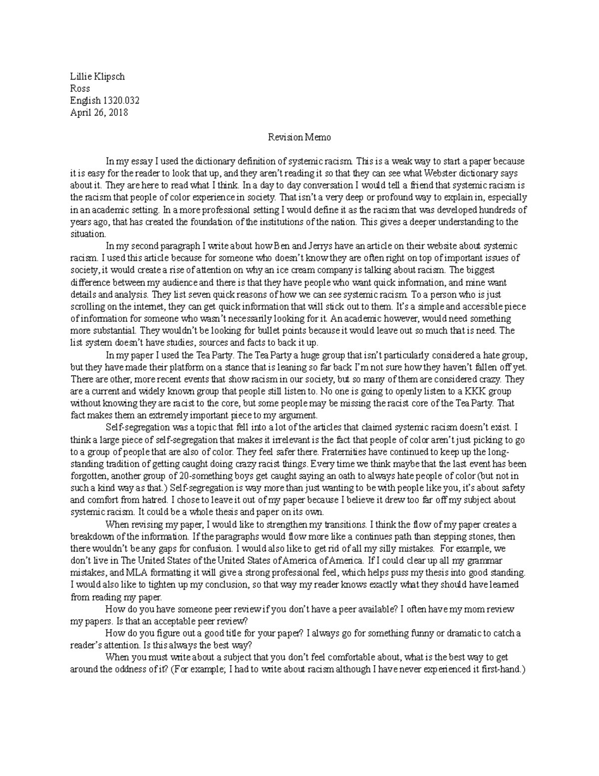 Unit 4 revision memo Grade A Lillie Klipsch Ross English 1320