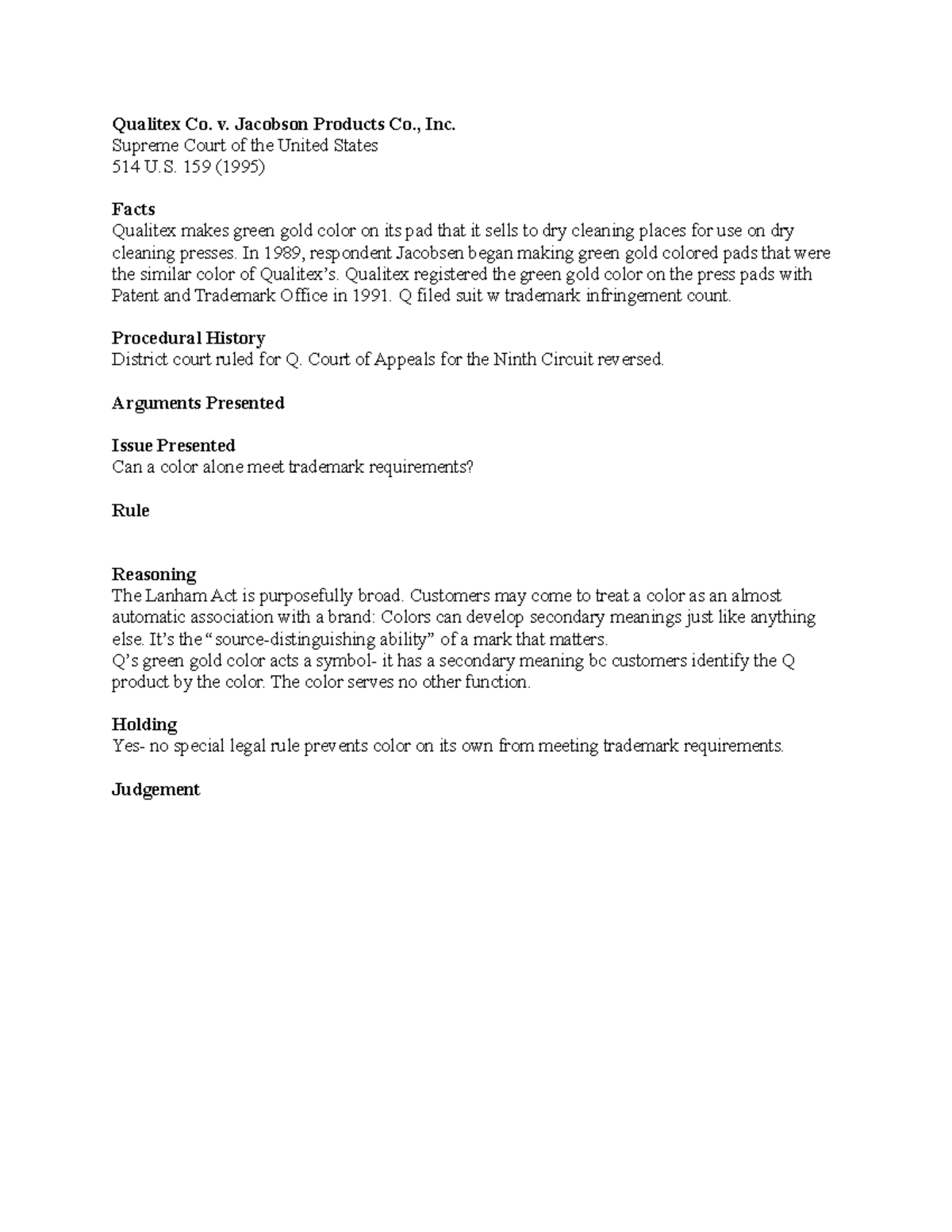 Qualitex Co v. Jacobsen Products Co., Inc. Qualitex Co. v. Jacobson