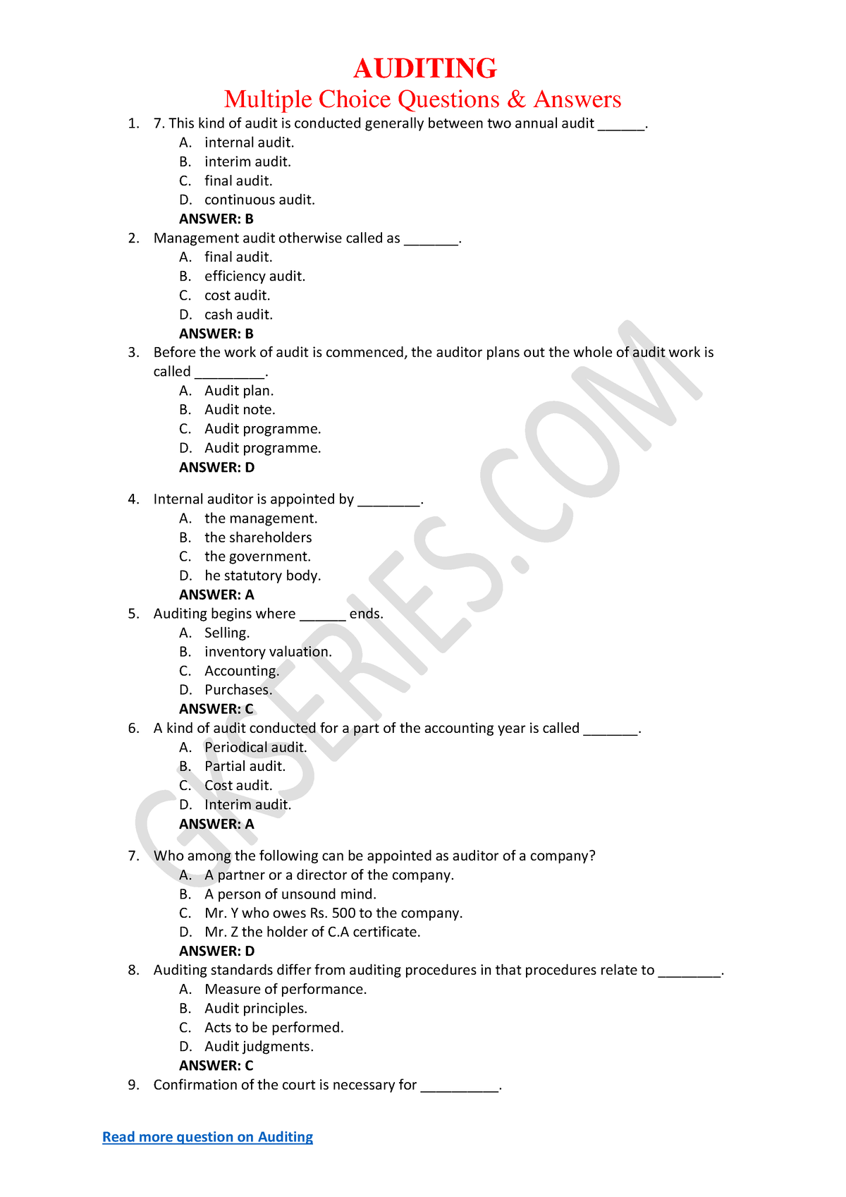 Auditing - Read - AUDITING Multiple Choice Questions & Answers Read ...