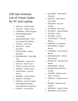 Códigos GTA SAN ANDREAS – PC
