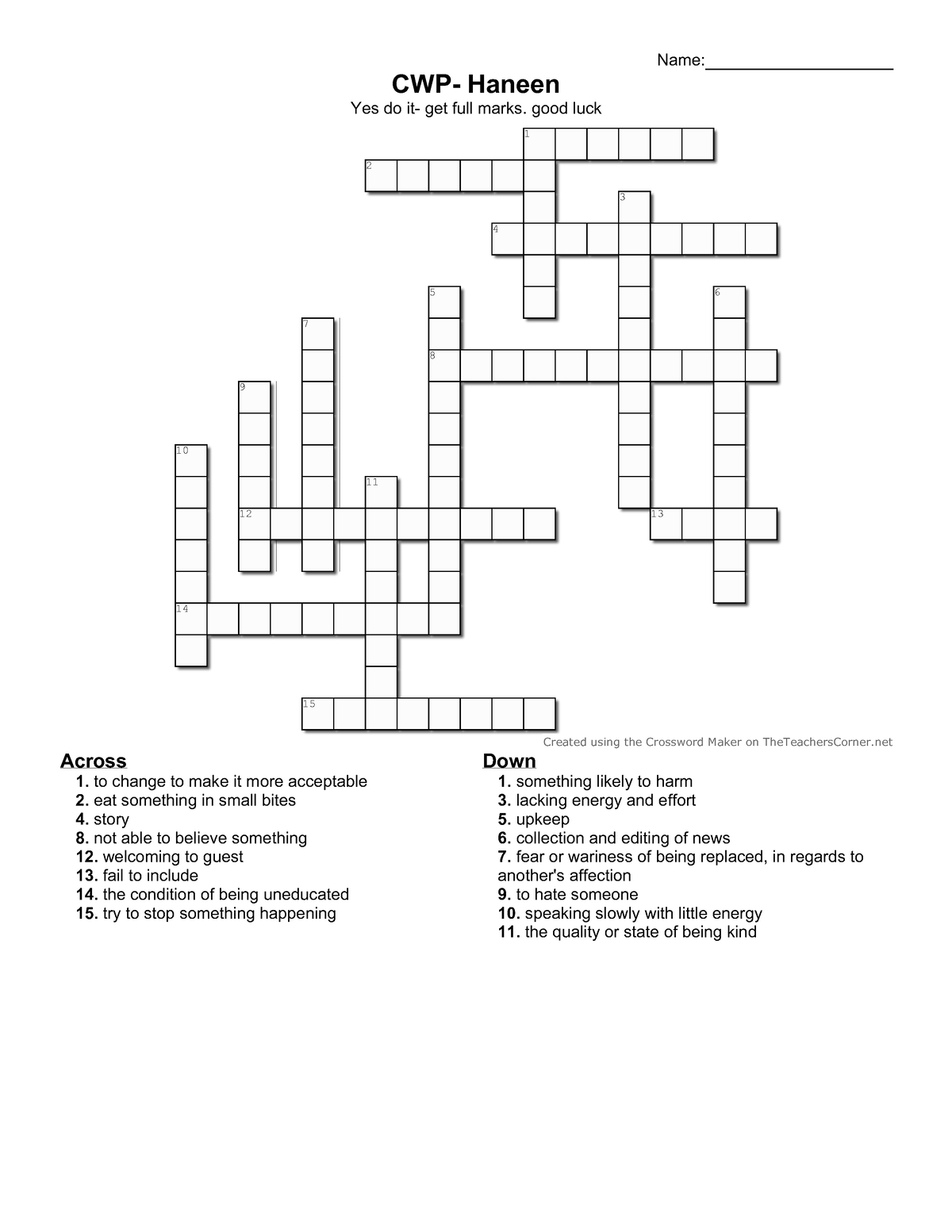 Crossword haneen English Down 1 something likely to harm 3