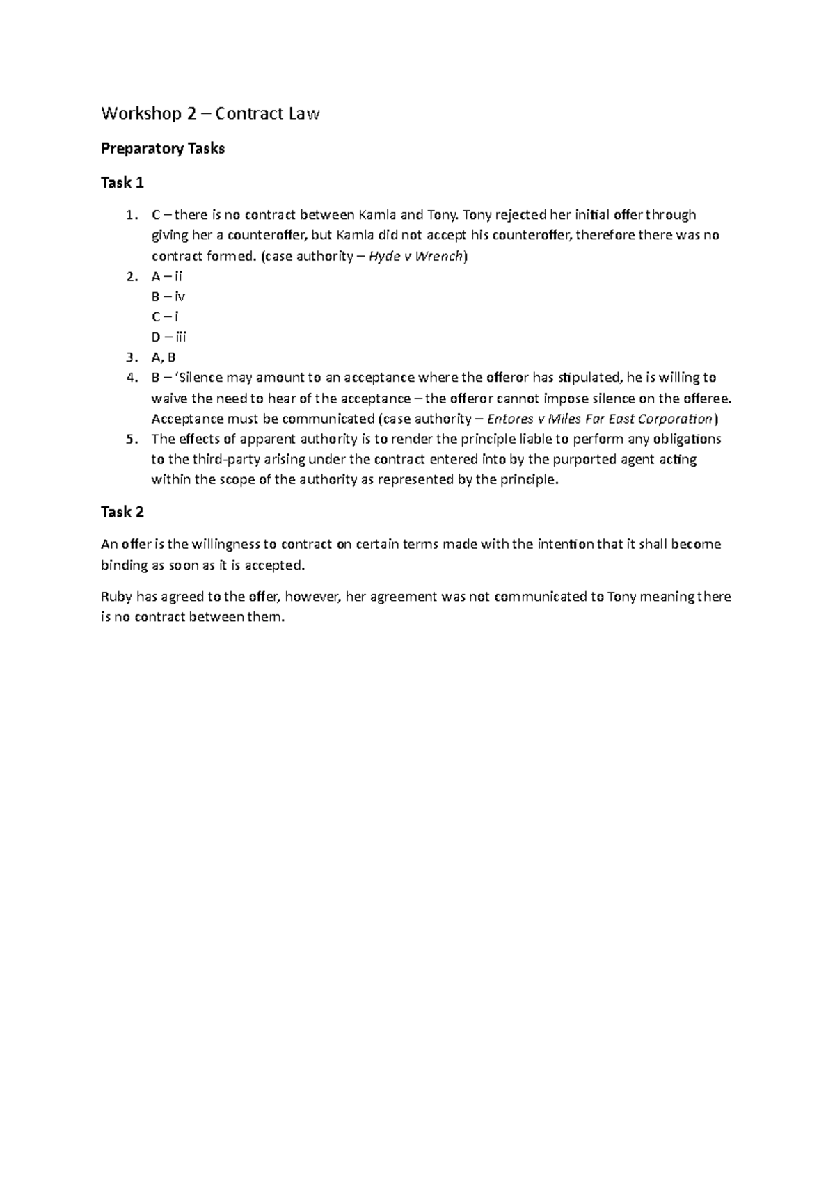 Workshop 2 tasks - Workshop 2 – Contract Law Preparatory Tasks Task 1 C ...
