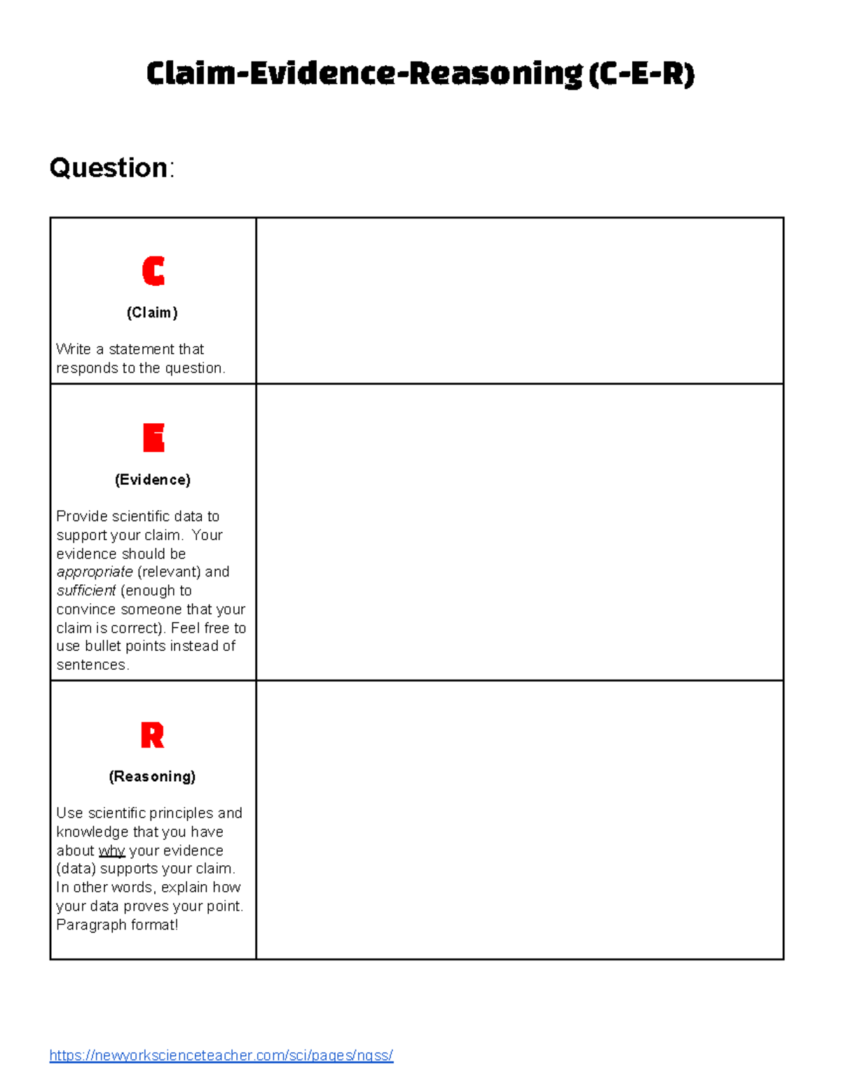 Blank CER - cerbreviews - Claim-Evidence-Reasoning (C-E-R) Question: C ...