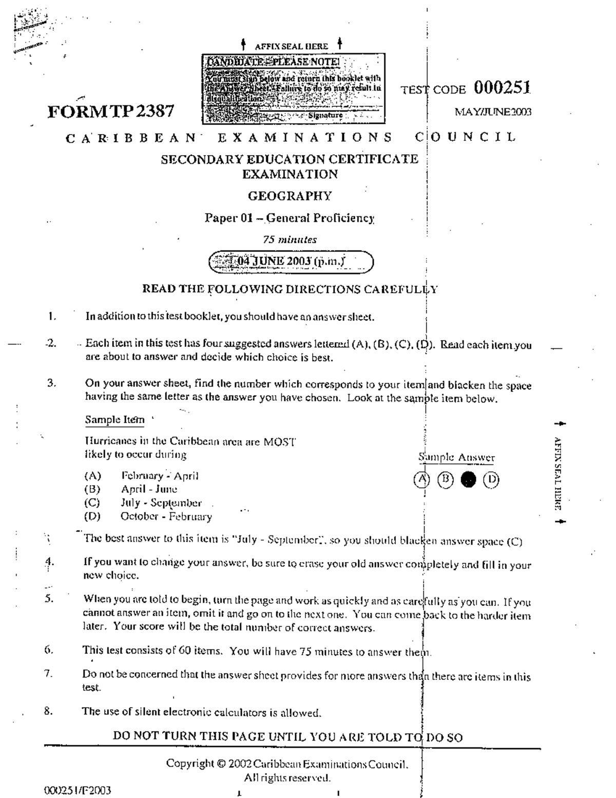 CSEC Geography June 2003 P1 - FORMTP AFFIXSEALIIERE t J I I l I rES+t ...