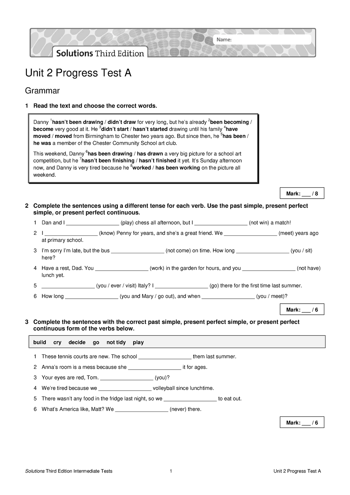 Sol3e Int U2 Progress Test A - Unit 2 Progress Test A Grammar 1 Read ...