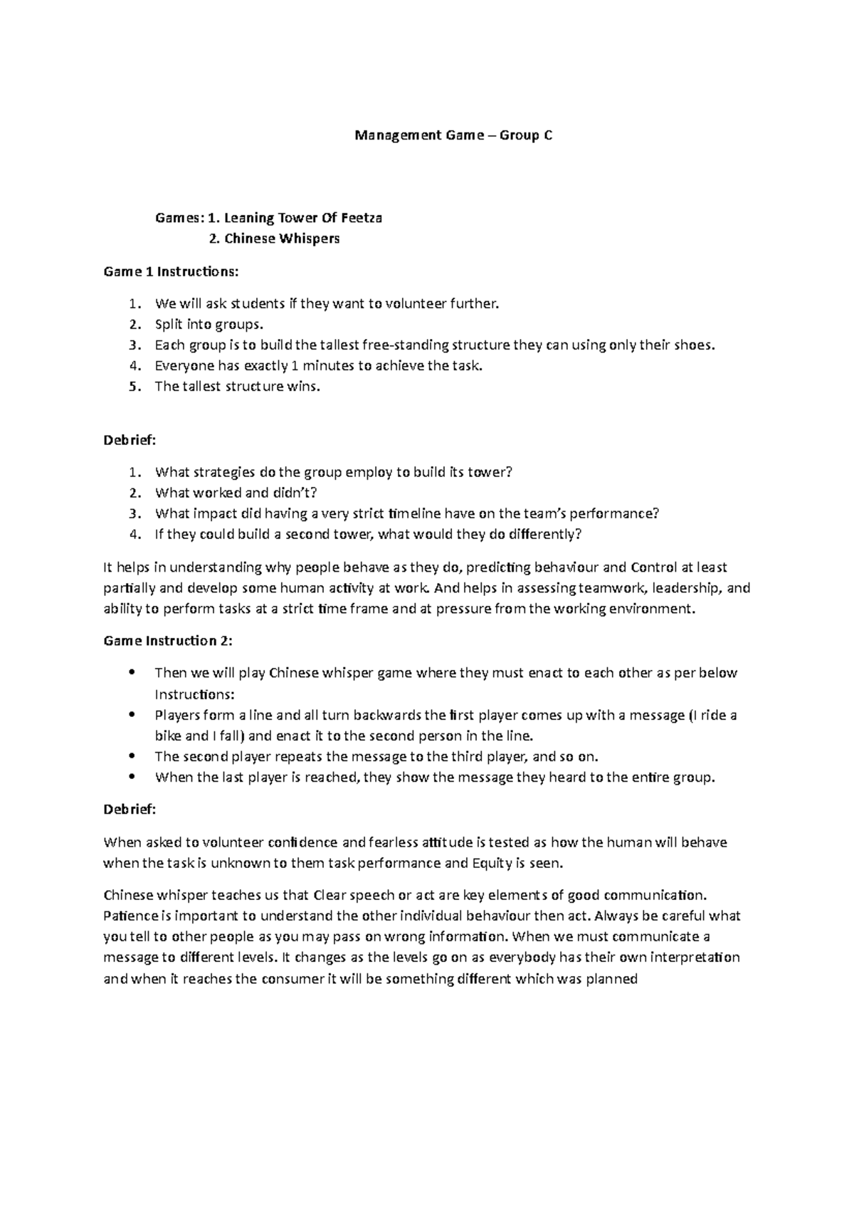 Management Game Group C Management Game Group C Games 1. Leaning