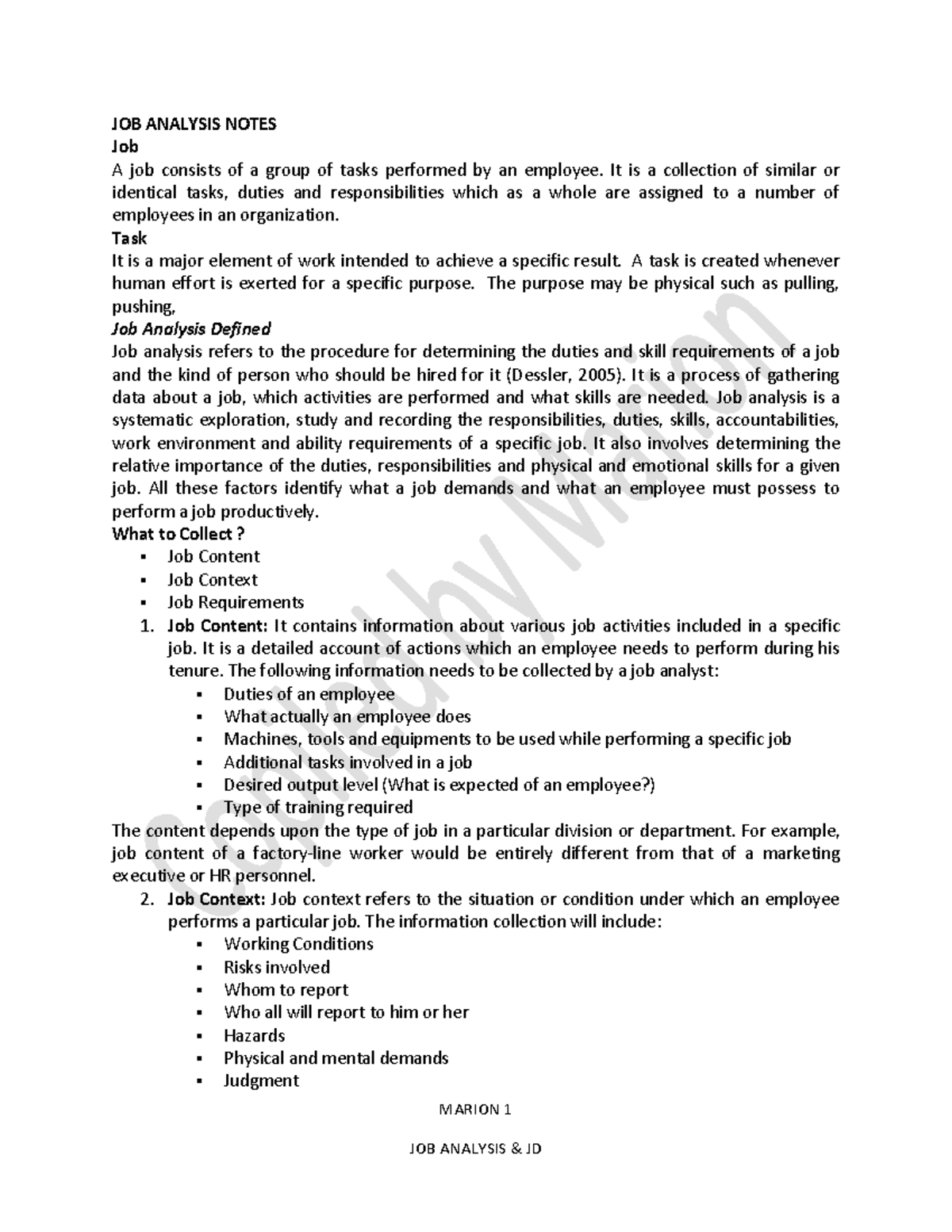 Topic 3 JOB Analysis JD JS MARION 1 JOB ANALYSIS NOTES Job A job