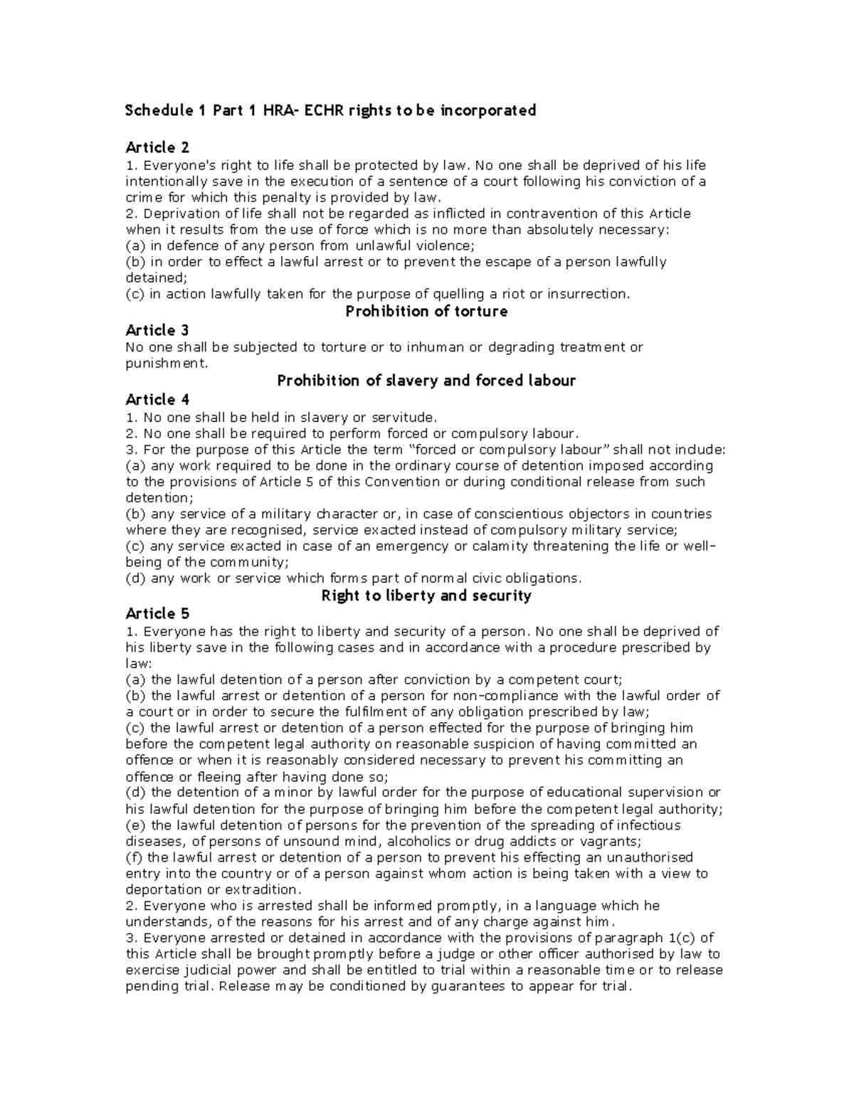 ECHR and 1st Protocol Rights - Schedule 1 Part 1 HRA- ECHR rights to be ...