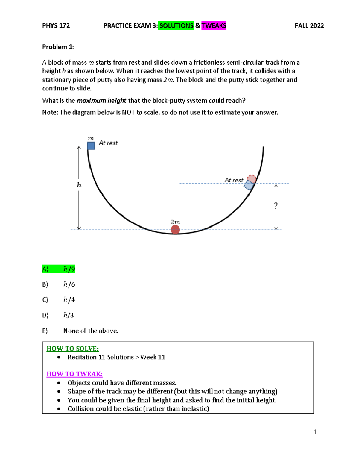 PHYS172 F22 Exam3- Practice- Solution - Problem 1: A block of mass m ...