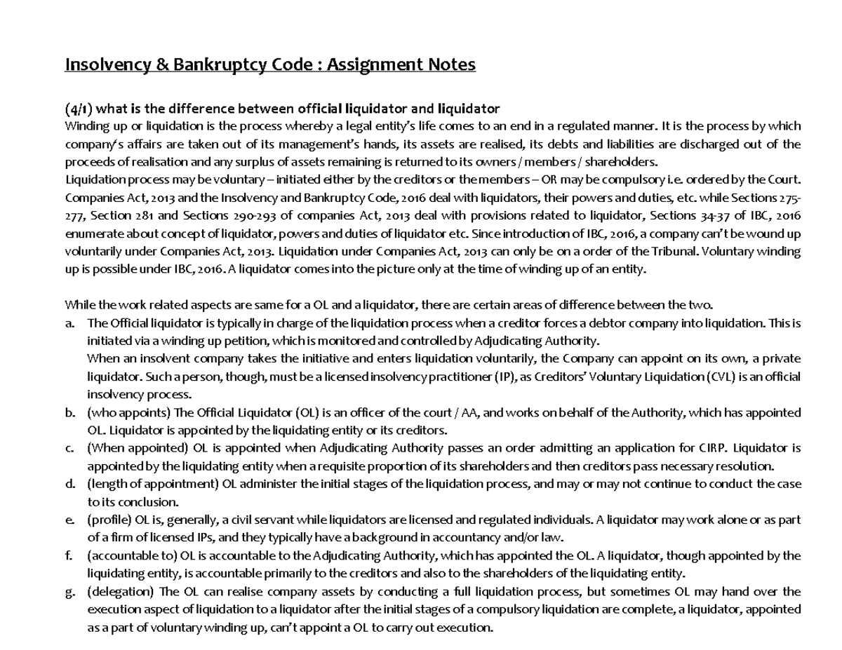 Bankruptcy laws liquidator, official liquidator, sec 7, 9, 10 of IBC