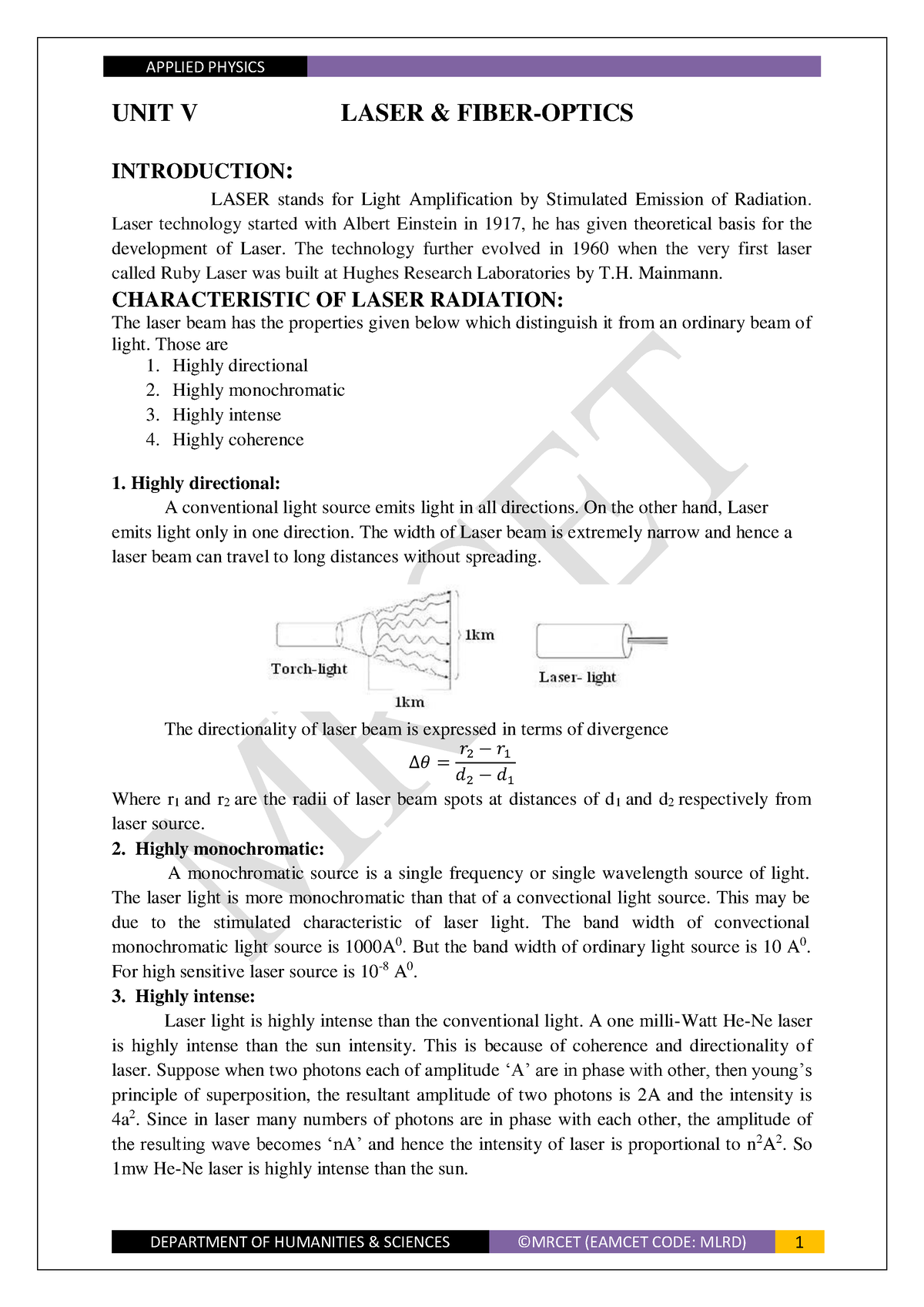 assignment about laser light