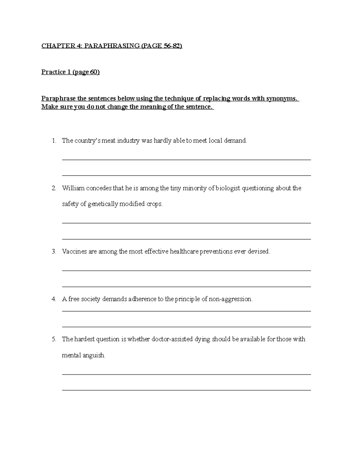 Paraphrasing practice CHAPTER 4 PARAPHRASING (PAGE 5682) Practice 1