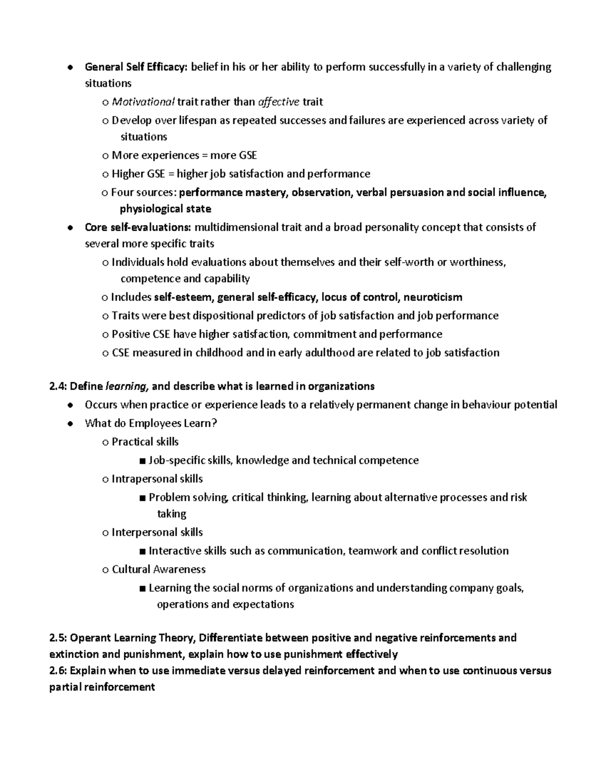 BU288 Notes 10-15 - General Self Efficacy: belief in his or her ability ...