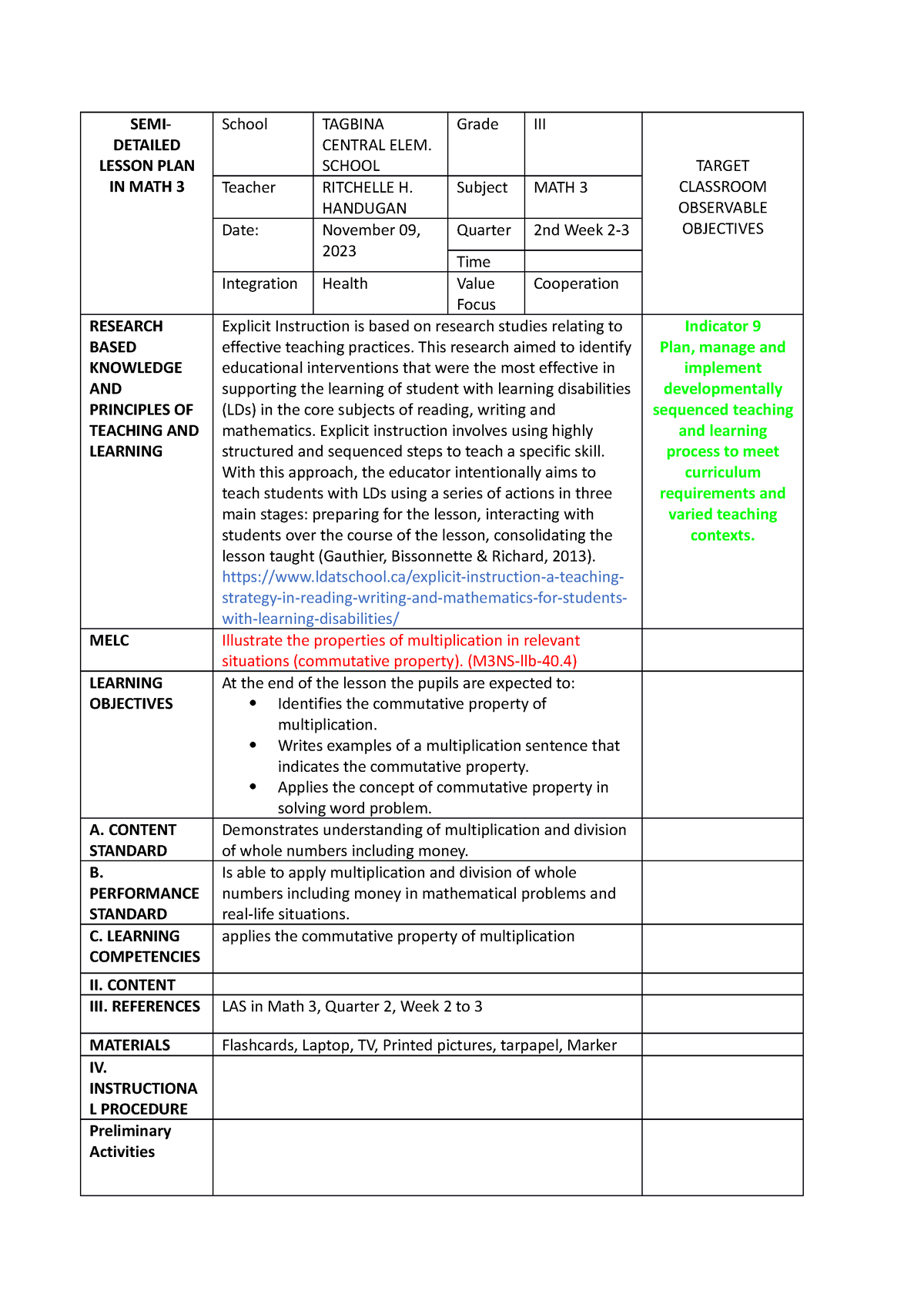 Demo lp - LP FOR DEMO - SEMI- DETAILED LESSON PLAN IN MATH 3 School ...