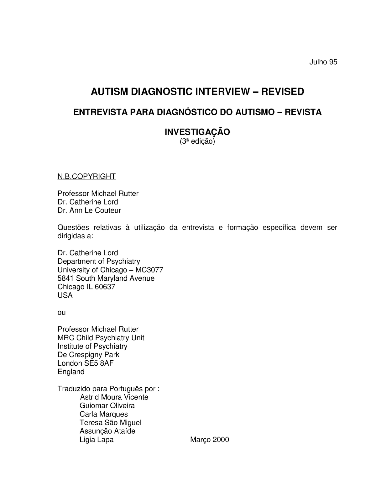 Autism Diagnostic Interview-Revised (ADI-R) Manual - Julho 95 AUTISM ...