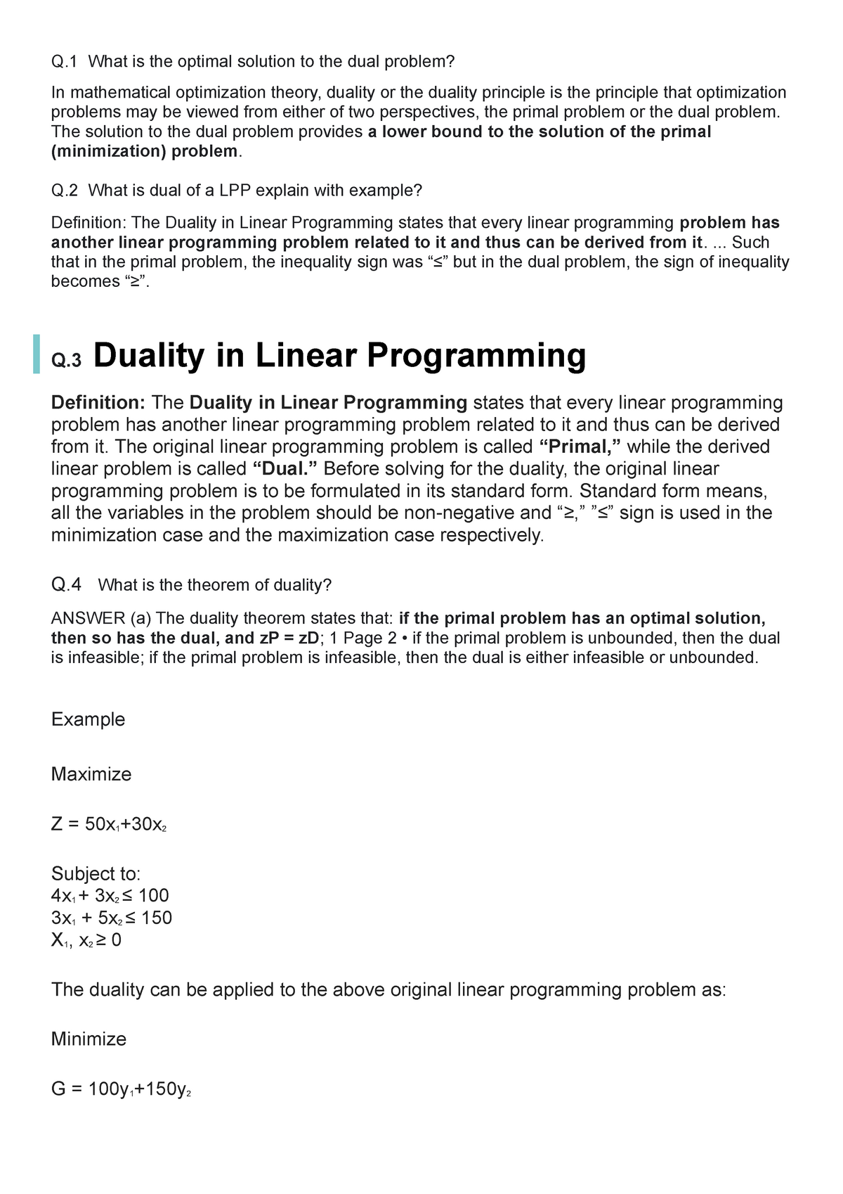 Duality In Operation Research In Linear Programming Q What Is The 