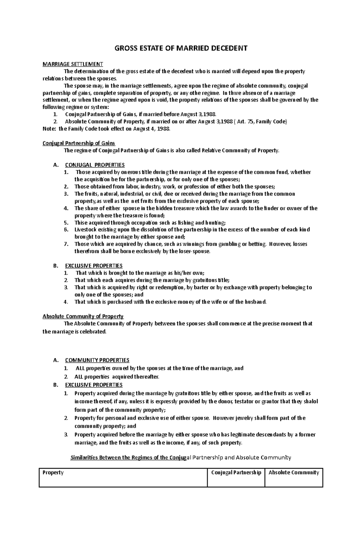 Exercises Property Regime GROSS ESTATE OF MARRIED DECEDENT MARRIAGE