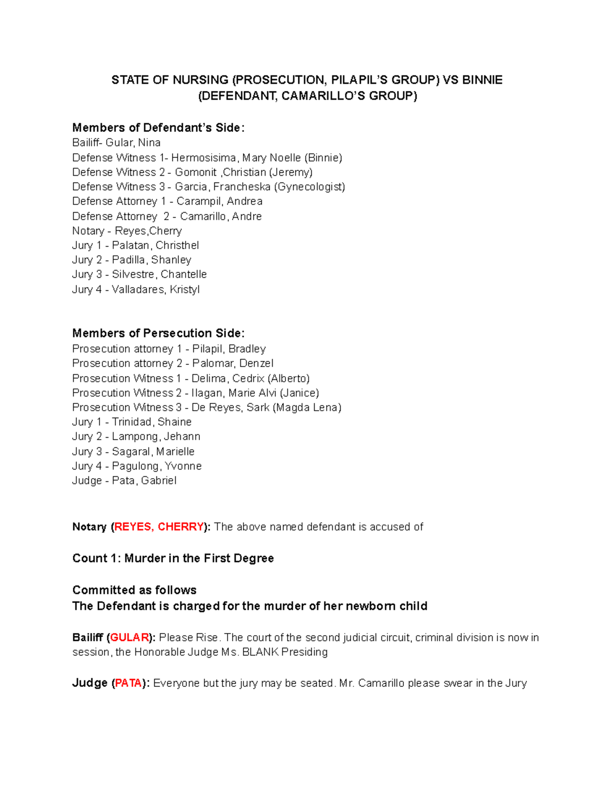 BS1I Mock Trial Case Script - STATE OF NURSING (PROSECUTION, PILAPIL’S ...