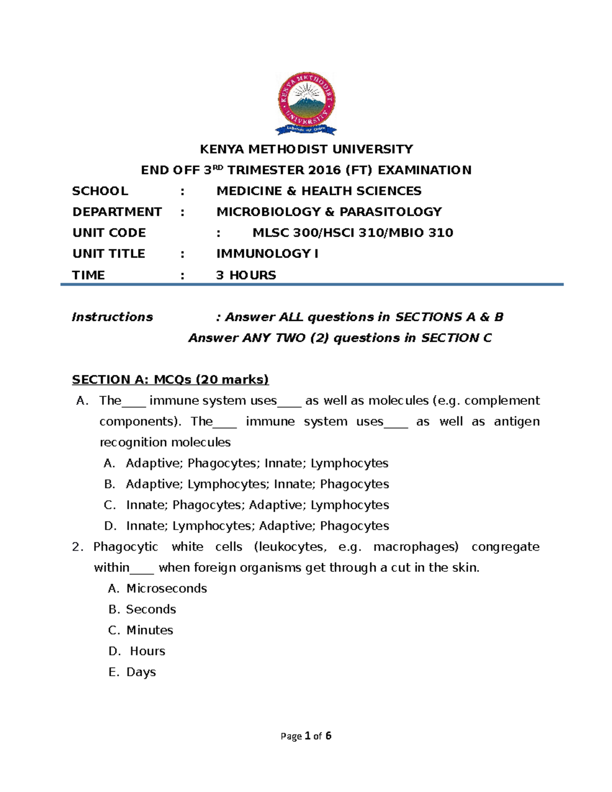 Immunology I (MLSC 300HSCI 310 MBIO 310) 3RD Trimester 2016 KENYA