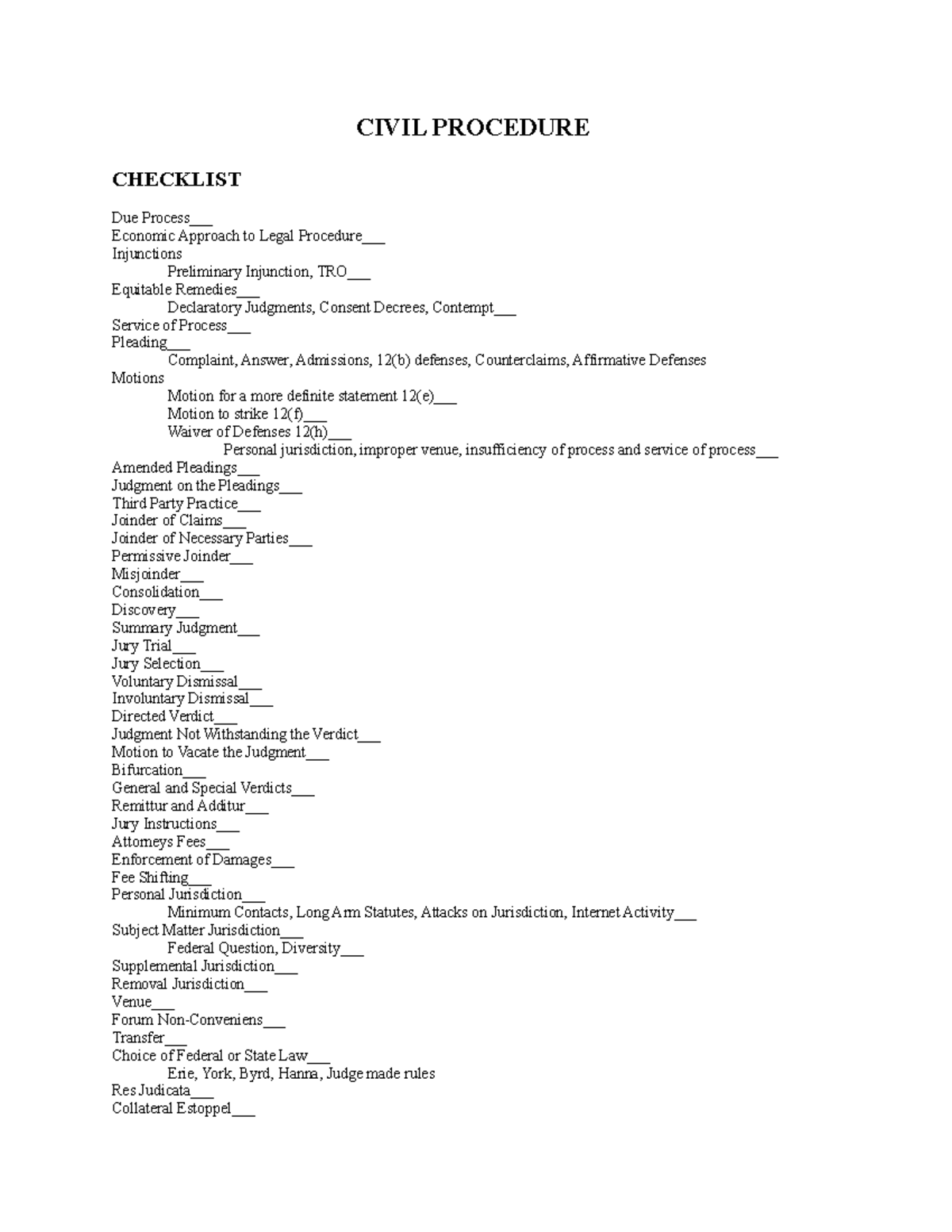 Civil Procedure Law Outline - 1 - CIVIL PROCEDURE CHECKLIST Due Process ...