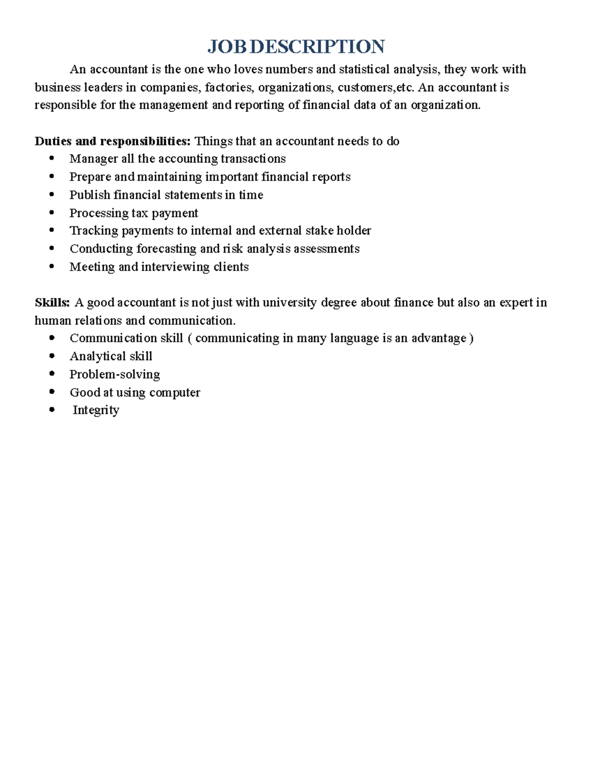 JOB Description this is an exercise of business partner book JOB DESCRIPTION An accountant