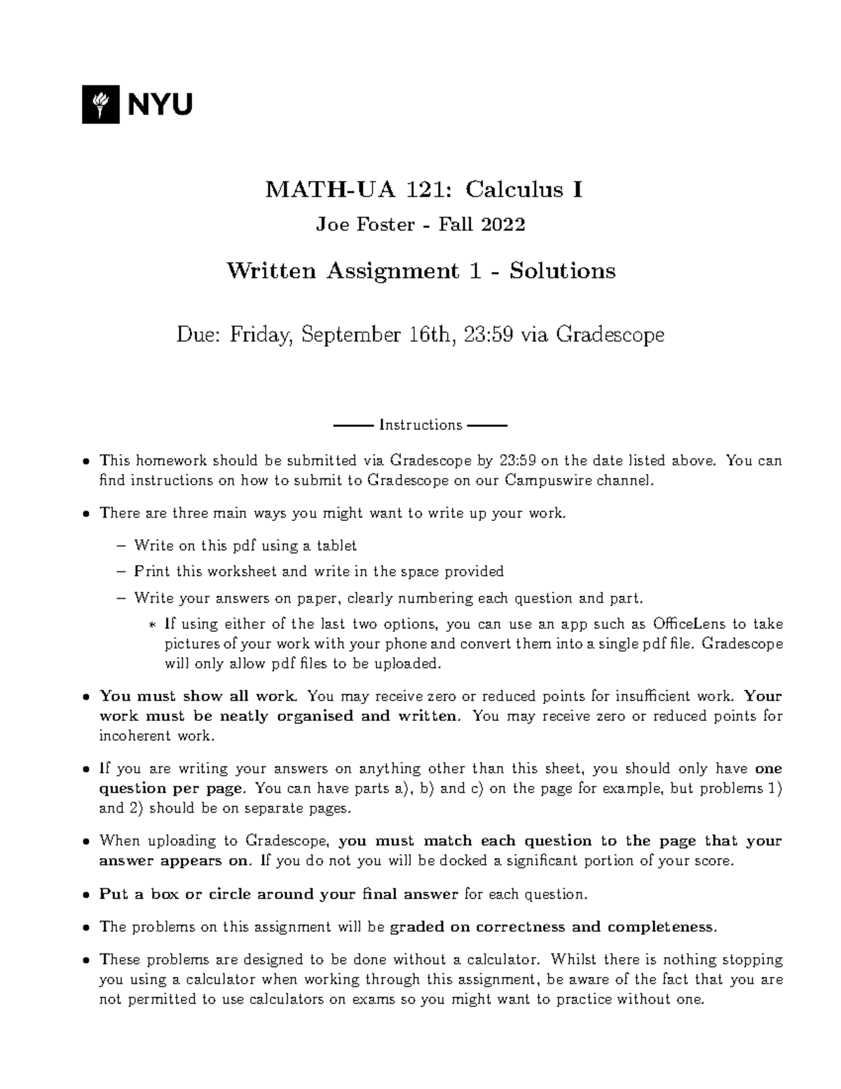 Calculus I Written Assignment 1 Solutions - Studocu