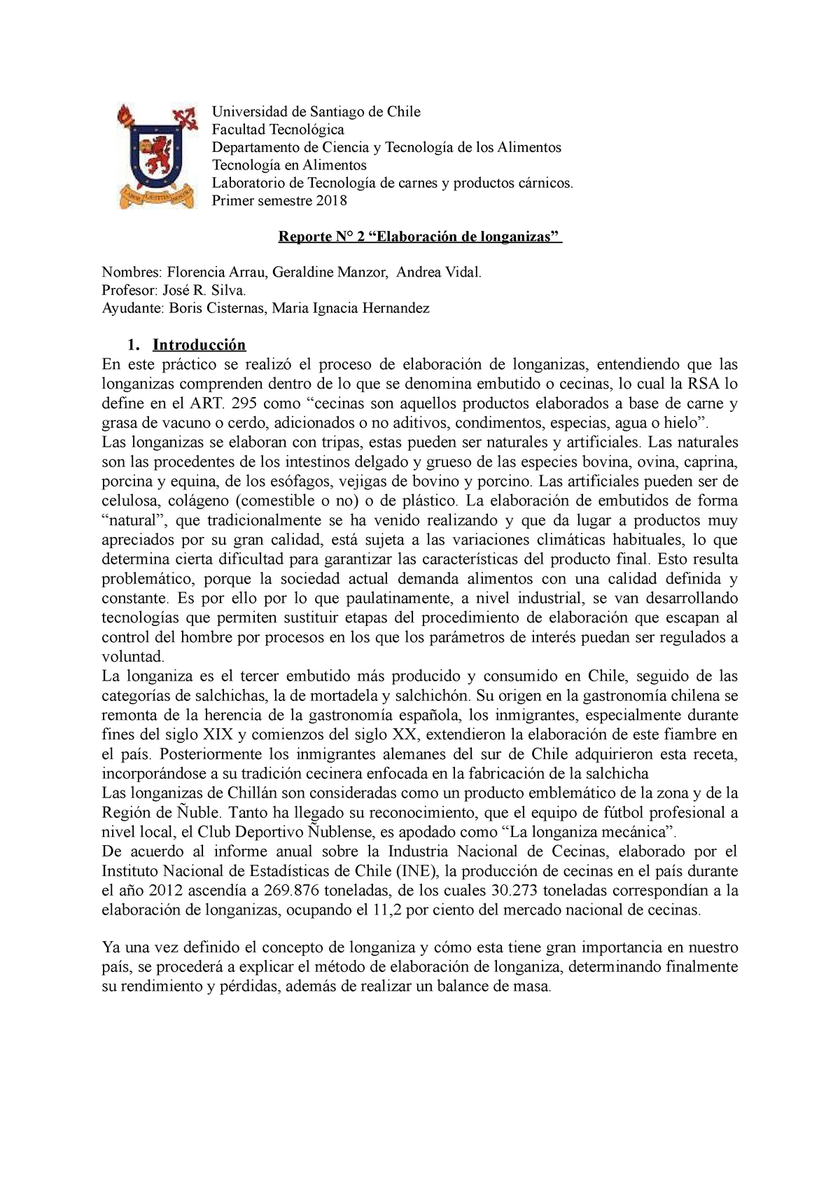 Informe 2 carnes longaniza - Universidad de Santiago de Chile Facultad ...