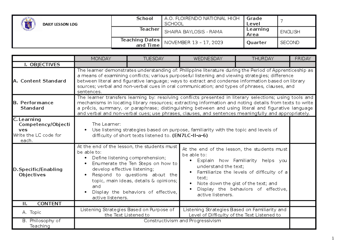 DLL ENG 7 Q2 WEEK 1 - Daily Lesson Log English 7 - DAILY LESSON LOG ...