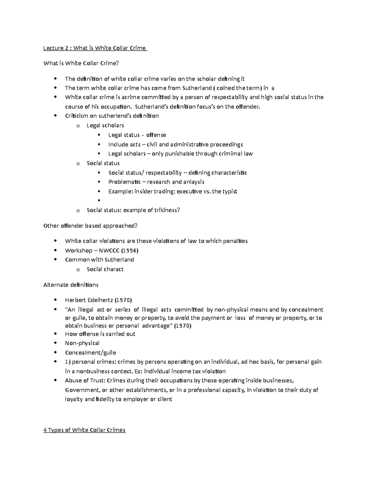 Lecture 2 Lecture 2 What is White Collar Crime What is White Collar