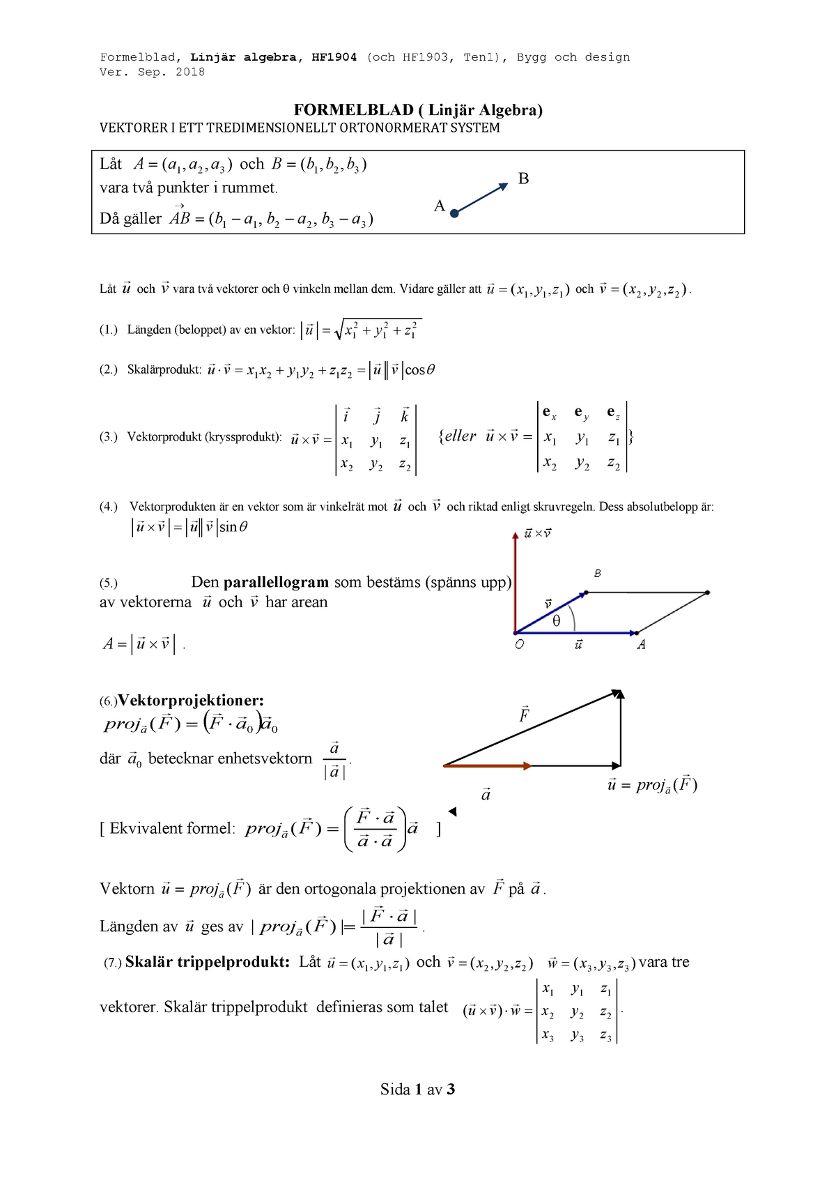 Formelblad LINJÄR ALGEBRA - ####### Formelblad, Linjär Algebra, HF1904 ...