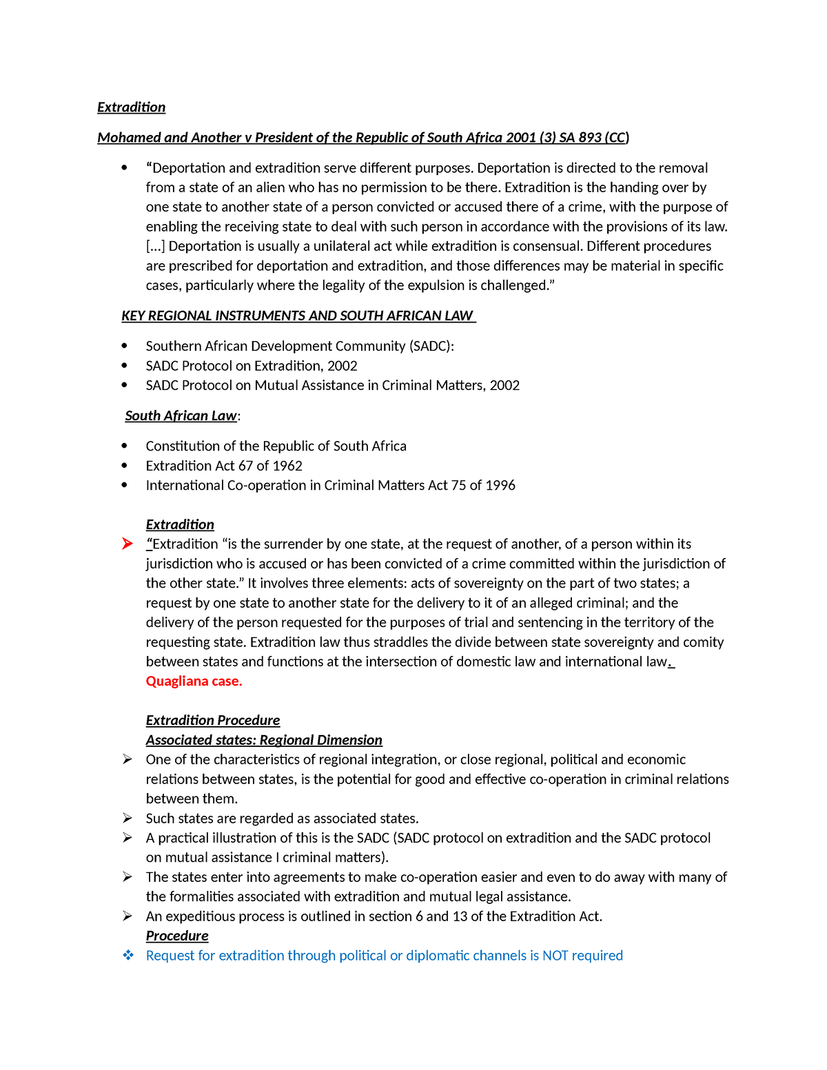 Extradition - Notes - Extradition Mohamed and Another v President of ...