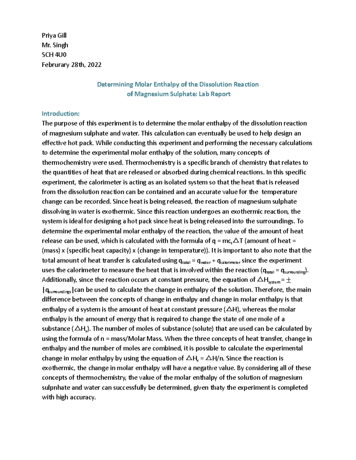 write a hypothesis for the dissolution of magnesium sulphate