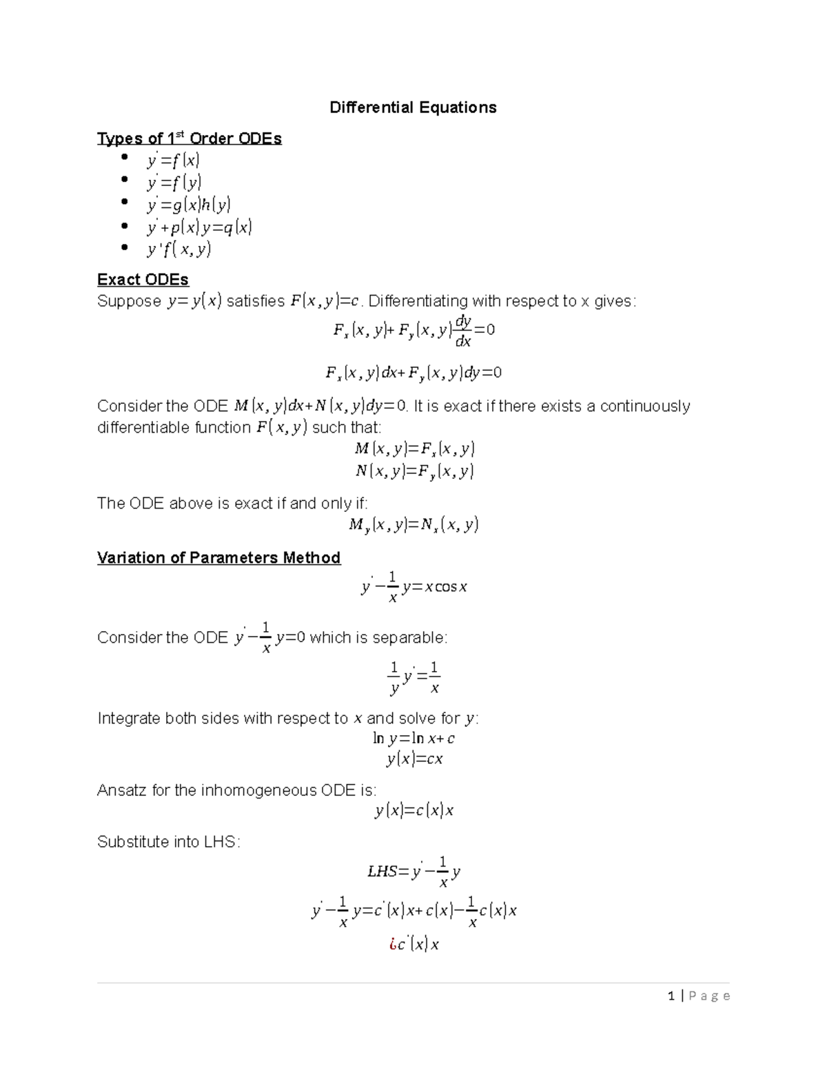 MATH2021- DE - Differential Equations Types of 1 st Order ODEs y ' =f ...