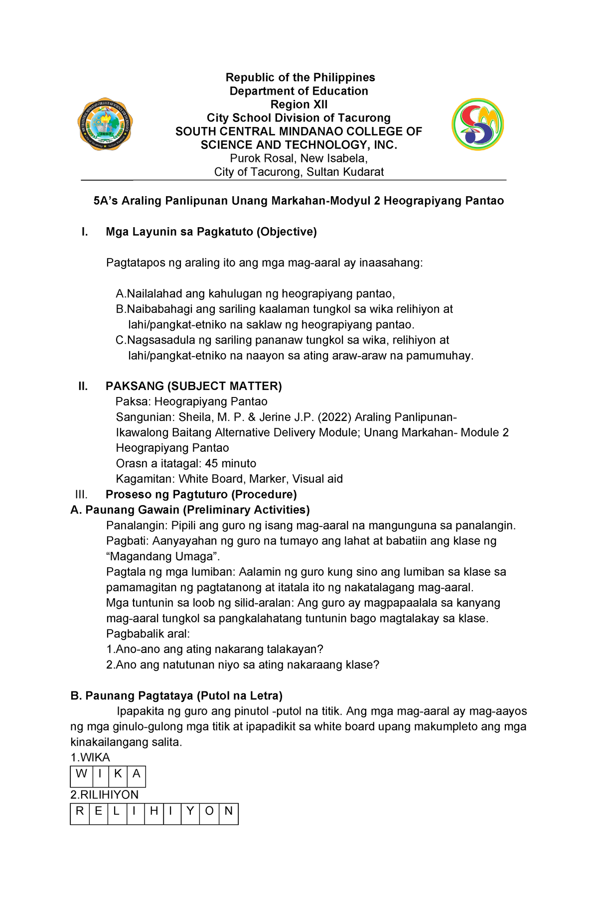 1st Lesson Plan Heograpiyang Pantao Republic Of The Philippines Department Of Education Region 