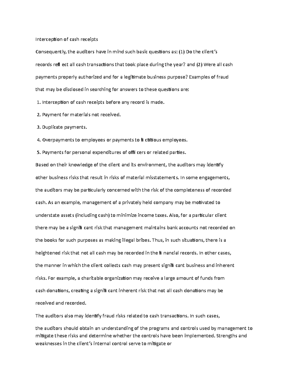 Interception of cash receipts - Payment for materials not received ...