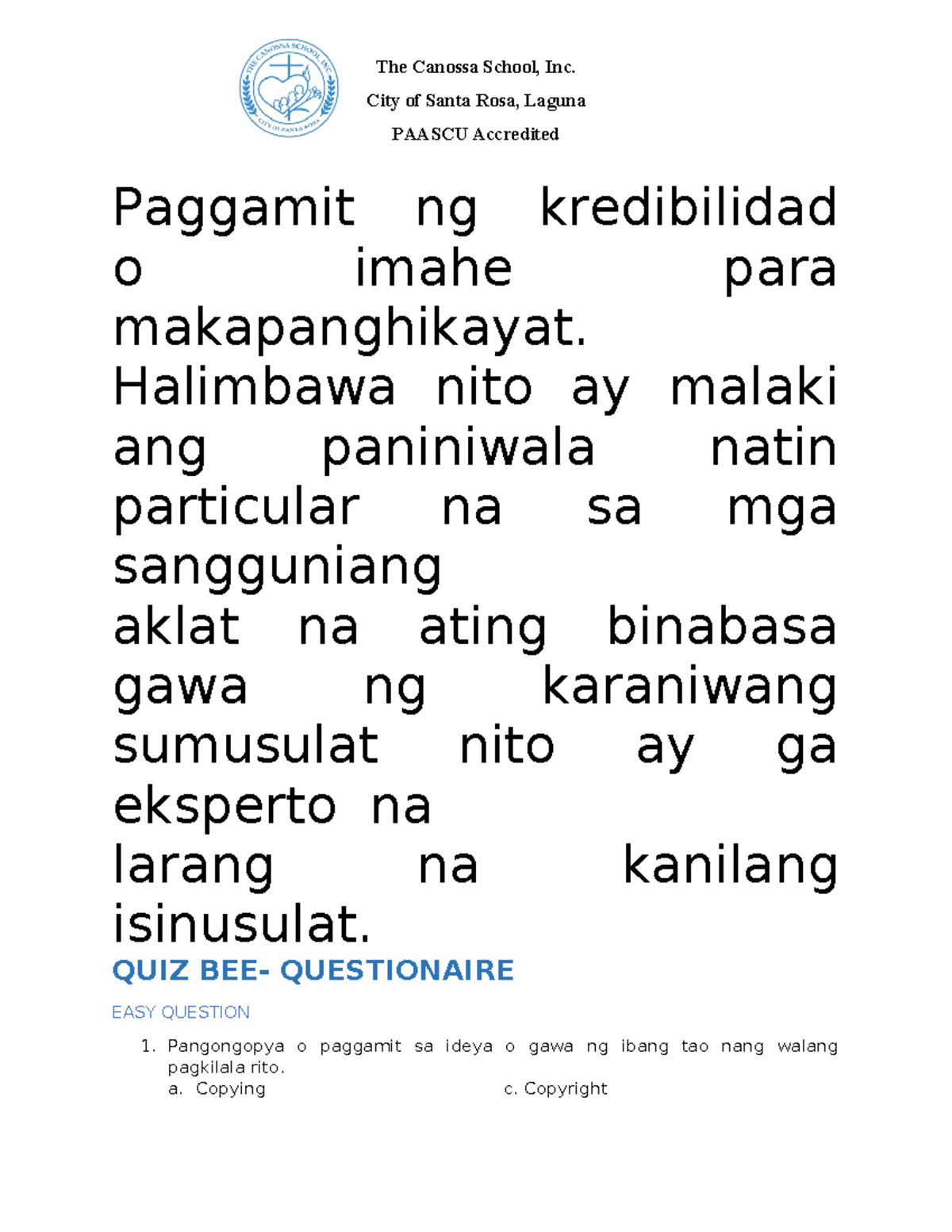 QUIZ BEE- Filipino - sqkjsqksj;q - City of Santa Rosa, Laguna PAASCU ...