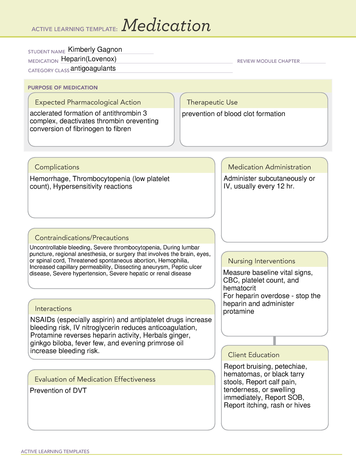 Heparin ATI Medication Template ACTIVE LEARNING TEMPLATES Medication