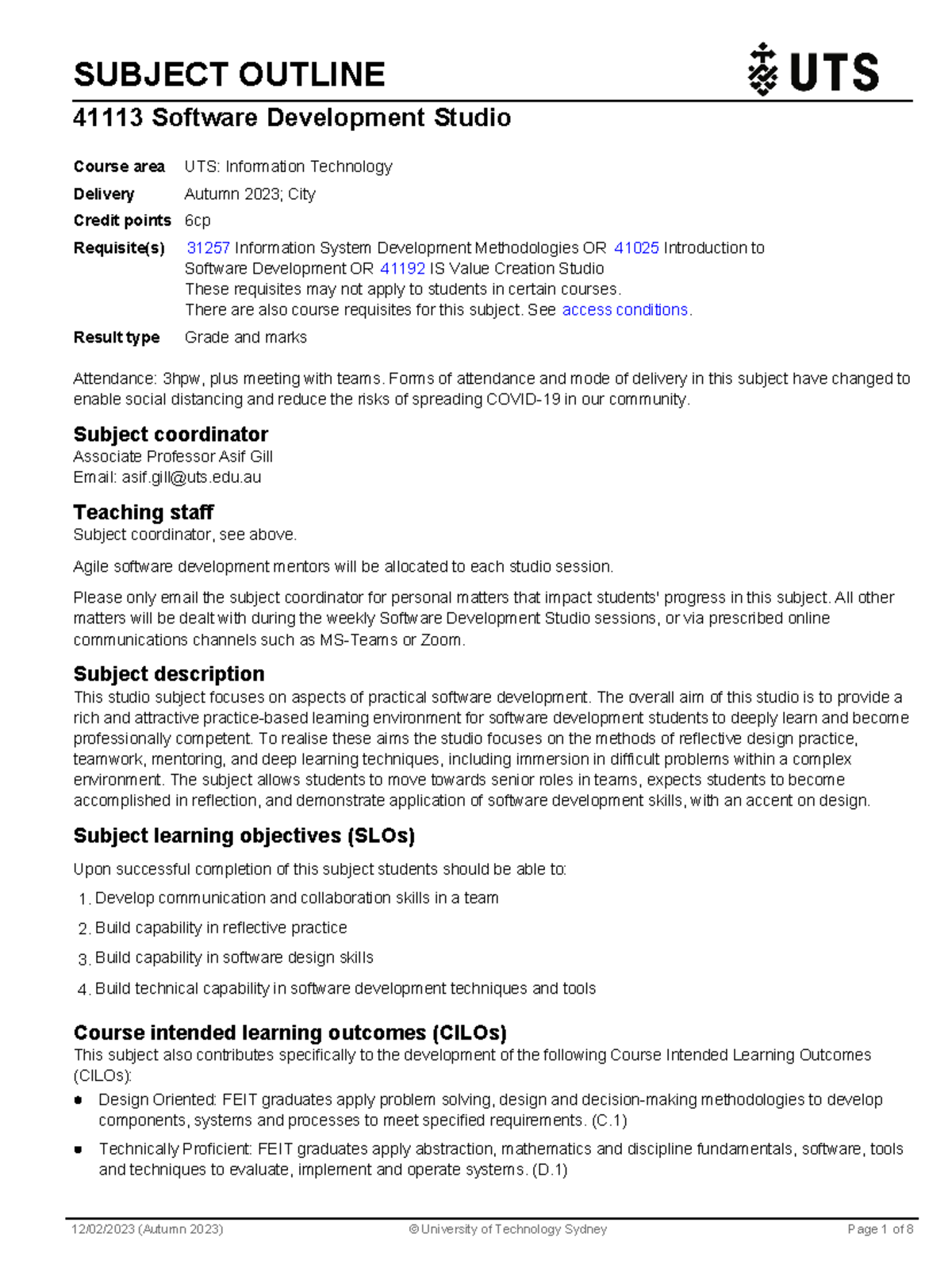 Programing on the internet - SUBJECT OUTLINE 41113 Software Development ...