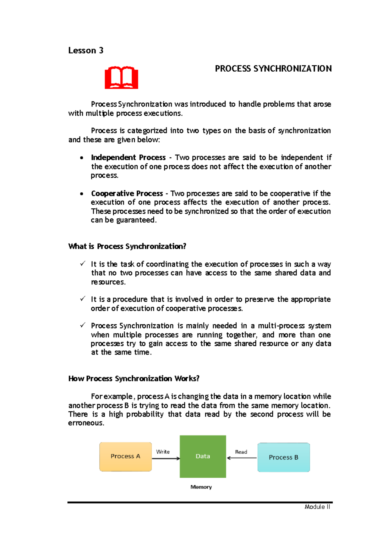 Lesson 7 - Lesson 3 Process Synchronization was introduced to handle ...