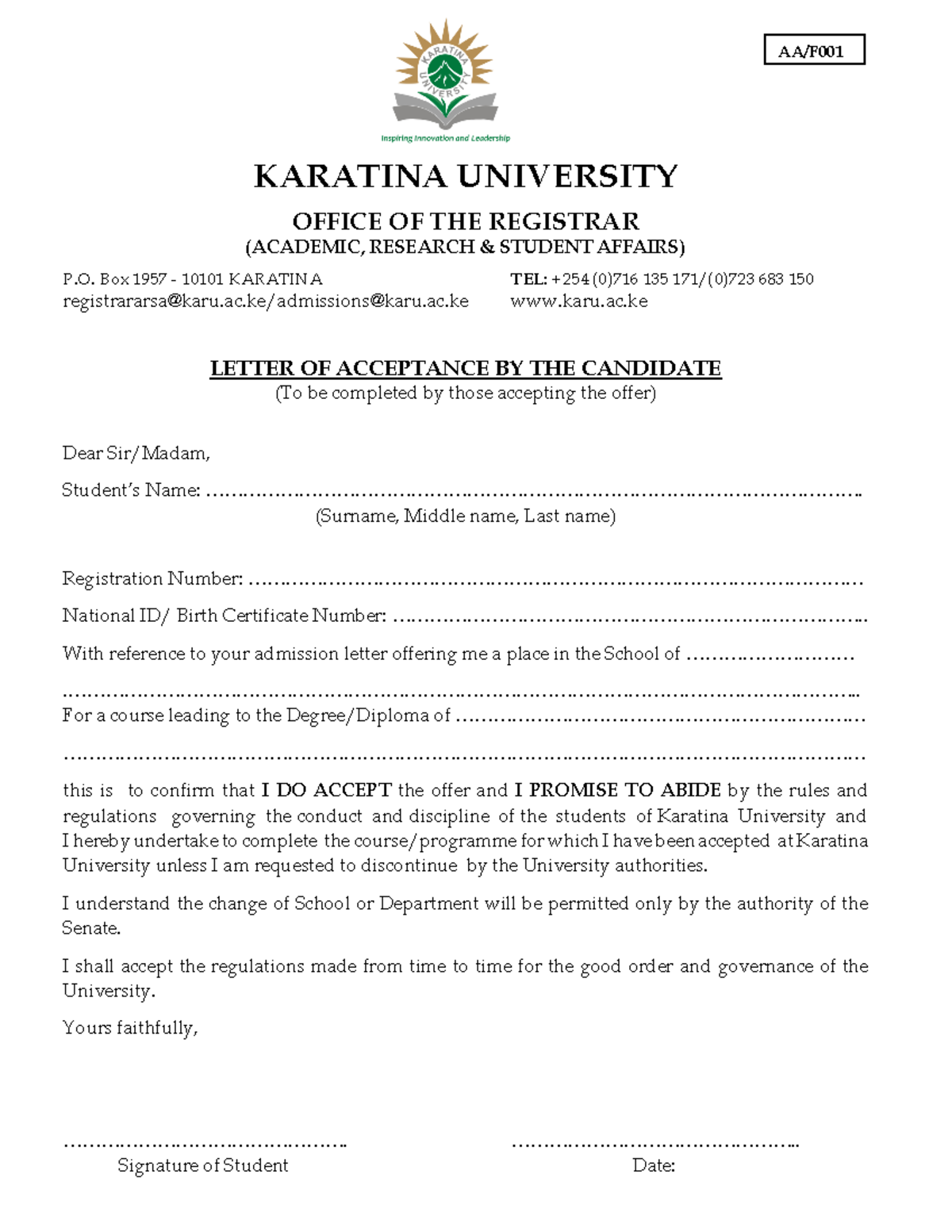 AA F001 Letter of Acceptance - KARATINA UNIVERSITY OFFICE OF THE ...