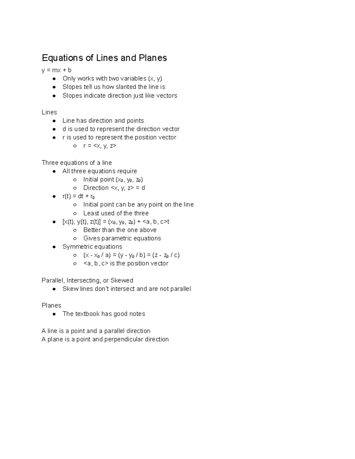 12.5 - Notes For Lines And Planes - Equations Of Lines And Planes Y ...